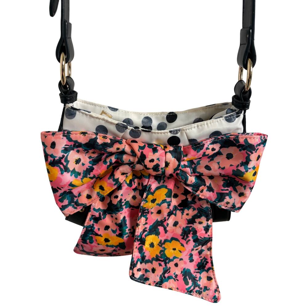 Betsey Johnson Floral Bow Crossbody Bag Polka Dot Nylon‎ Pink Black Adjustable